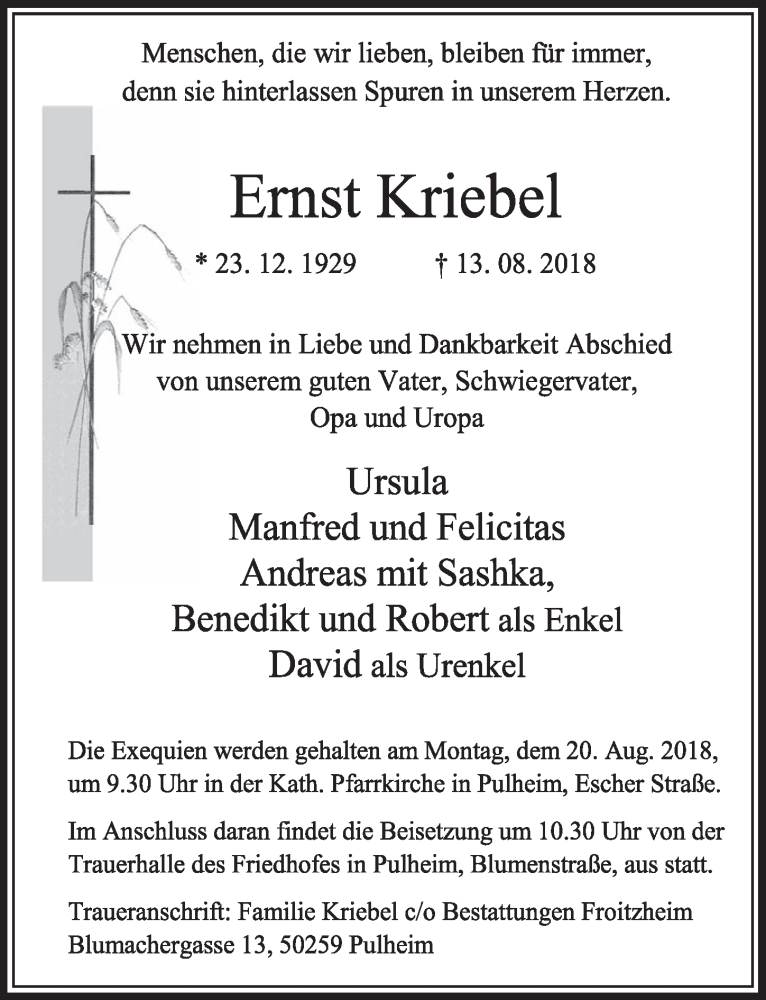  Traueranzeige für Ernst Kriebel vom 18.08.2018 aus  Sonntags-Post 