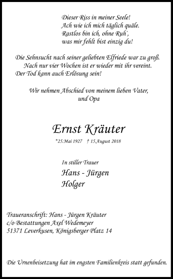 Anzeige von Ernst Kräuter von Kölner Stadt-Anzeiger / Kölnische Rundschau / Express