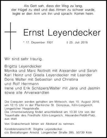Anzeige von Ernst Leyendecker von Kölner Stadt-Anzeiger / Kölnische Rundschau / Express