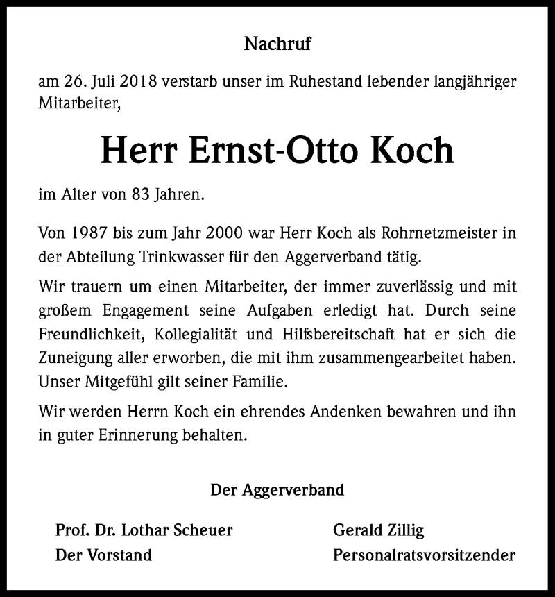  Traueranzeige für Ernst-Otto Koch vom 03.08.2018 aus Kölner Stadt-Anzeiger / Kölnische Rundschau / Express