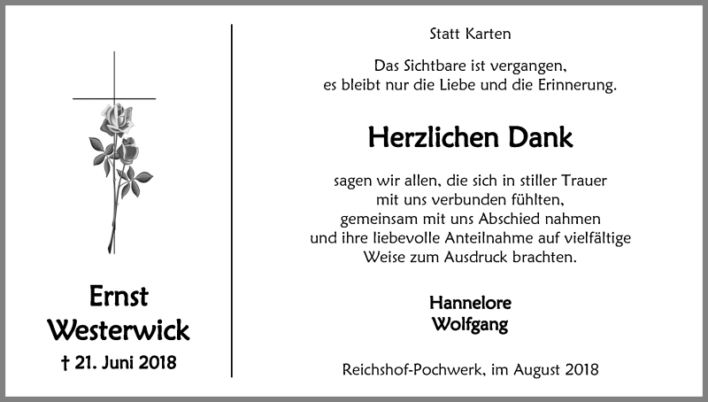  Traueranzeige für Ernst Westerwick vom 25.08.2018 aus Kölner Stadt-Anzeiger / Kölnische Rundschau / Express