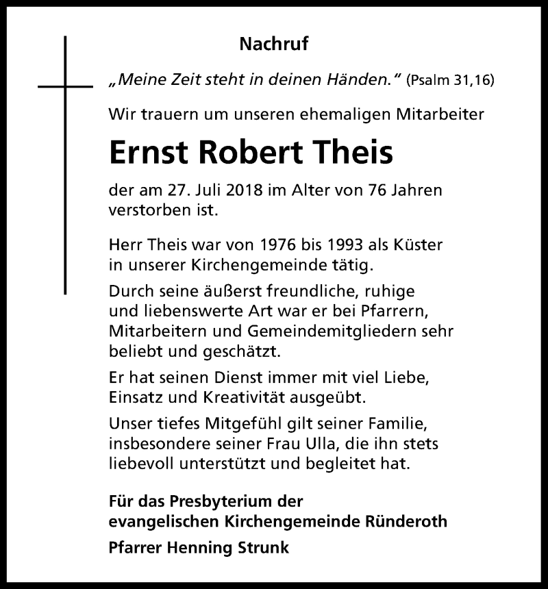  Traueranzeige für Ernst Robert Theis vom 04.08.2018 aus Kölner Stadt-Anzeiger / Kölnische Rundschau / Express