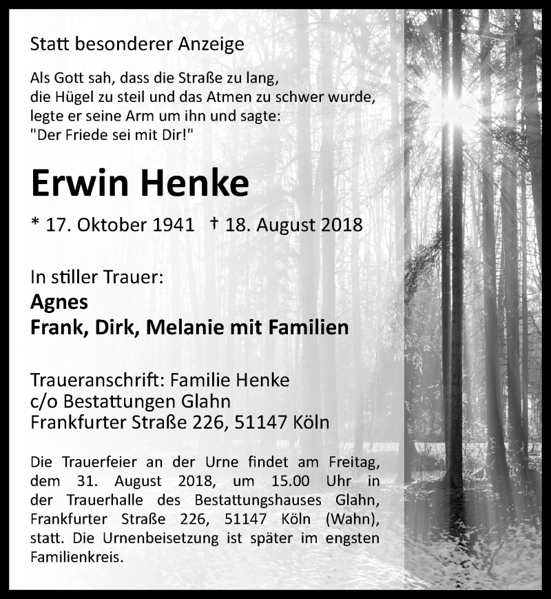  Traueranzeige für Erwin Henke vom 29.08.2018 aus  Kölner Wochenspiegel 