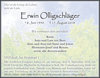 Anzeige von Erwin Olligschläger von Kölner Stadt-Anzeiger / Kölnische Rundschau / Express