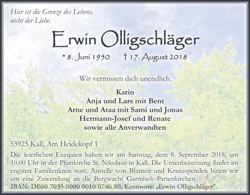  Traueranzeige für Erwin Olligschläger vom 30.08.2018 aus Kölner Stadt-Anzeiger / Kölnische Rundschau / Express