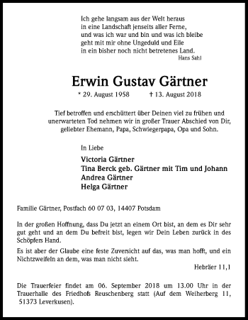 Anzeige von Erwin Gustav Gärtner von Kölner Stadt-Anzeiger / Kölnische Rundschau / Express