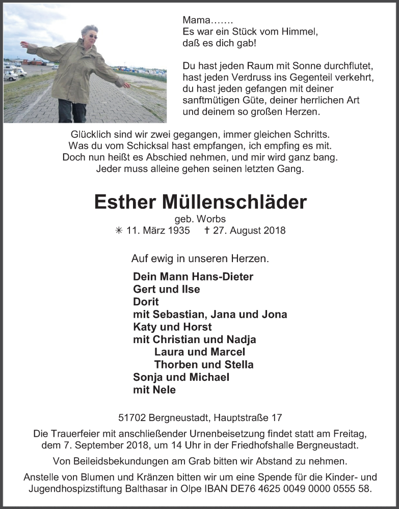  Traueranzeige für Esther Müllenschläder vom 01.09.2018 aus Kölner Stadt-Anzeiger / Kölnische Rundschau / Express