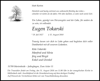Anzeige von Eugen Tokarski von Kölner Stadt-Anzeiger / Kölnische Rundschau / Express