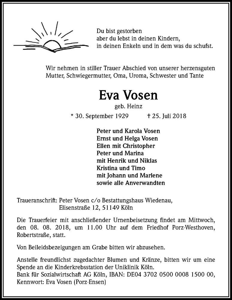  Traueranzeige für Eva Vosen vom 07.08.2018 aus Kölner Stadt-Anzeiger / Kölnische Rundschau / Express