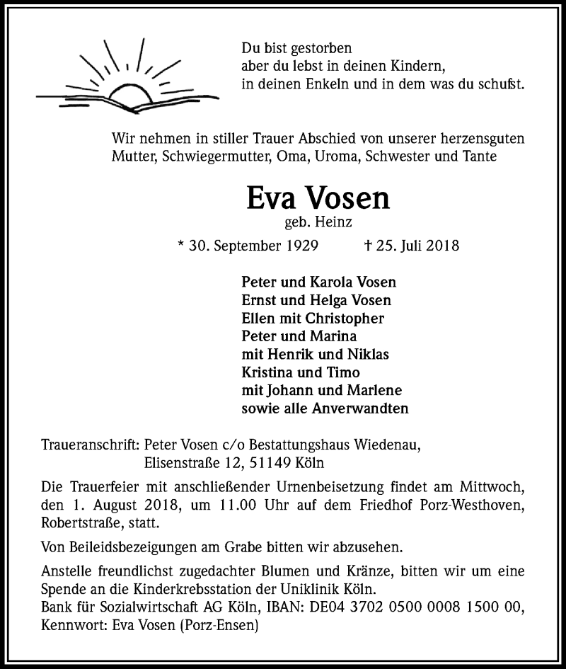  Traueranzeige für Eva Vosen vom 04.08.2018 aus Kölner Stadt-Anzeiger / Kölnische Rundschau / Express