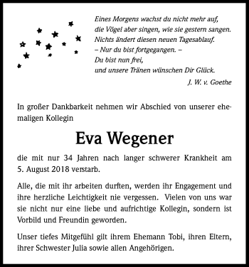 Anzeige von Eva Wegener von Kölner Stadt-Anzeiger / Kölnische Rundschau / Express