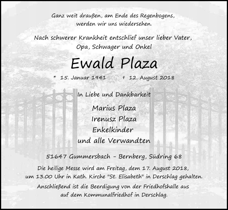  Traueranzeige für Ewald Plaza vom 15.08.2018 aus Kölner Stadt-Anzeiger / Kölnische Rundschau / Express