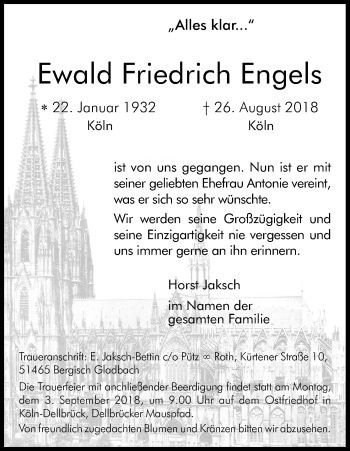 Anzeige von Ewald Friedrich Engels von Kölner Stadt-Anzeiger / Kölnische Rundschau / Express
