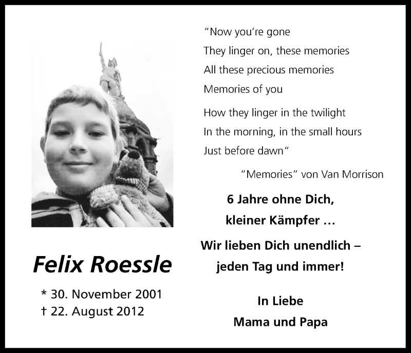  Traueranzeige für Felix Roessle vom 22.08.2018 aus Kölner Stadt-Anzeiger / Kölnische Rundschau / Express
