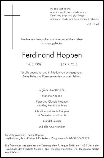 Anzeige von Ferdinand Hoppen von Kölner Stadt-Anzeiger / Kölnische Rundschau / Express