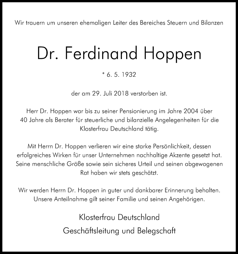  Traueranzeige für Ferdinand Hoppen vom 04.08.2018 aus Kölner Stadt-Anzeiger / Kölnische Rundschau / Express