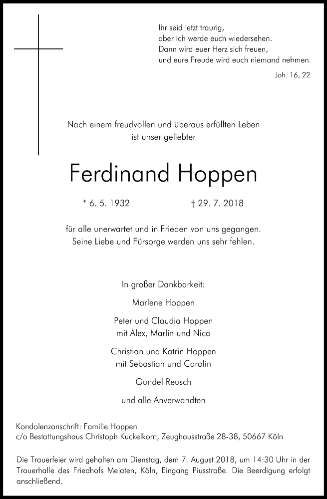 Traueranzeige für Ferdinand Hoppen vom 04.08.2018 aus Kölner Stadt-Anzeiger / Kölnische Rundschau / Express