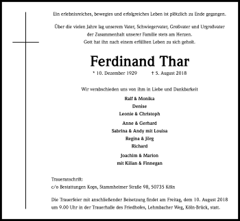Anzeige von Ferdinand Thar von Kölner Stadt-Anzeiger / Kölnische Rundschau / Express