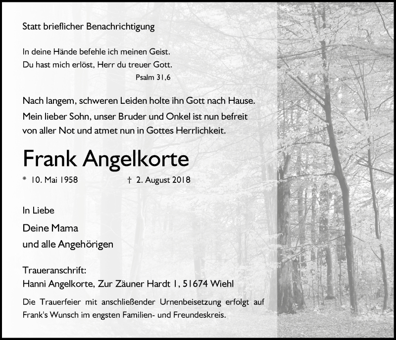  Traueranzeige für Frank Angelkorte vom 15.08.2018 aus  Anzeigen Echo 