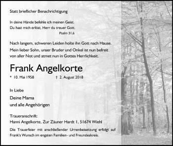 Anzeige von Frank Angelkorte von Kölner Stadt-Anzeiger / Kölnische Rundschau / Express