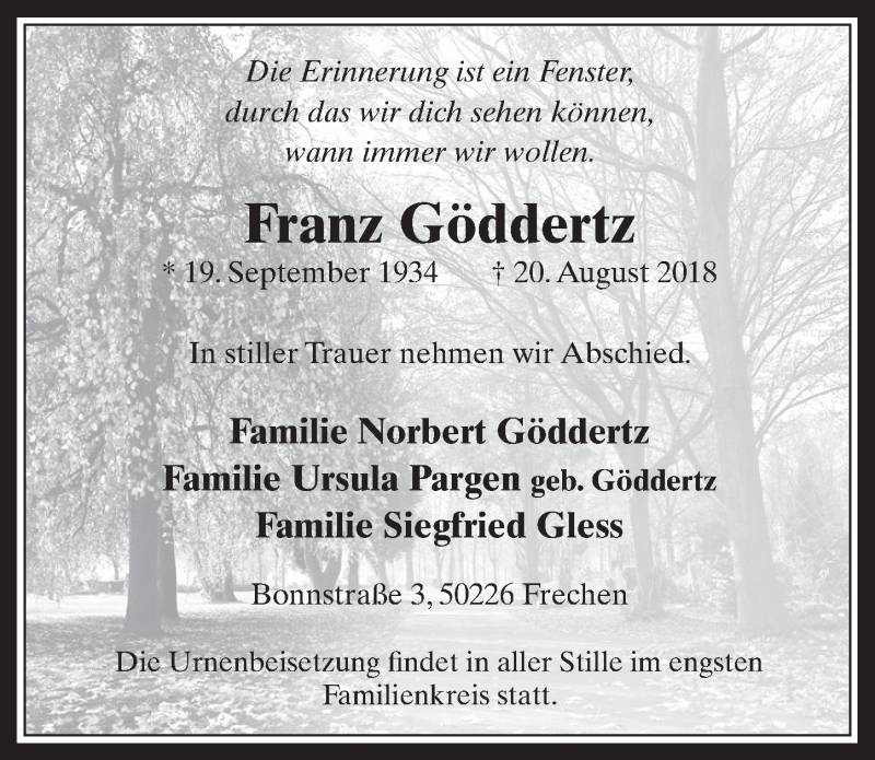  Traueranzeige für Franz Göddertz vom 29.08.2018 aus  Werbepost 