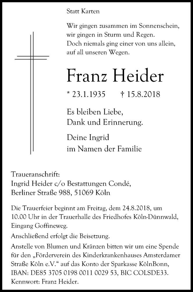  Traueranzeige für Franz Heider vom 18.08.2018 aus Kölner Stadt-Anzeiger / Kölnische Rundschau / Express