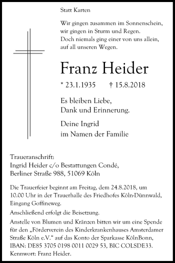 Anzeige von Franz Heider von Kölner Stadt-Anzeiger / Kölnische Rundschau / Express