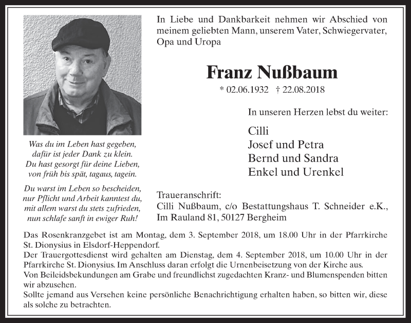  Traueranzeige für Franz Nußbaum vom 29.08.2018 aus  Werbepost 
