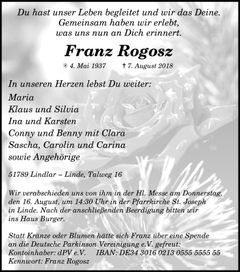 Anzeige von Franz Rogosz von Kölner Stadt-Anzeiger / Kölnische Rundschau / Express