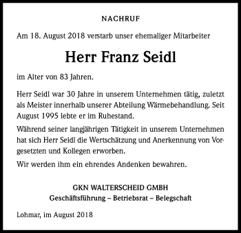 Anzeige von Franz Seidl von Kölner Stadt-Anzeiger / Kölnische Rundschau / Express