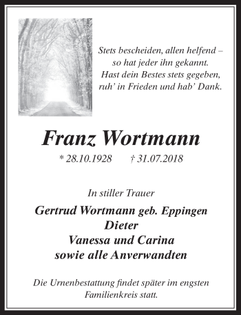 Anzeige von Franz Wortmann von  Wochenende 