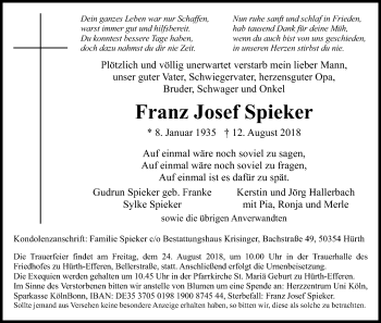 Anzeige von Franz Josef Spieker von Kölner Stadt-Anzeiger / Kölnische Rundschau / Express
