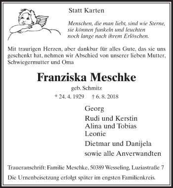 Anzeige von Franziska Meschke von  Schlossbote/Werbekurier 