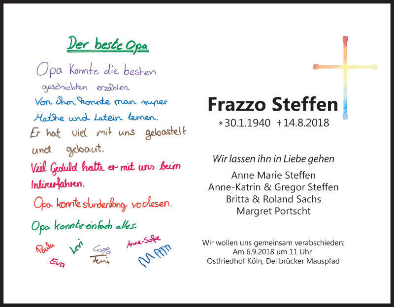  Traueranzeige für Frazzo Steffen vom 25.08.2018 aus Kölner Stadt-Anzeiger / Kölnische Rundschau / Express