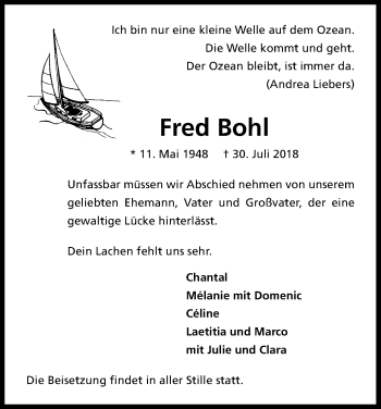 Anzeige von Fred Bohl von Kölner Stadt-Anzeiger / Kölnische Rundschau / Express