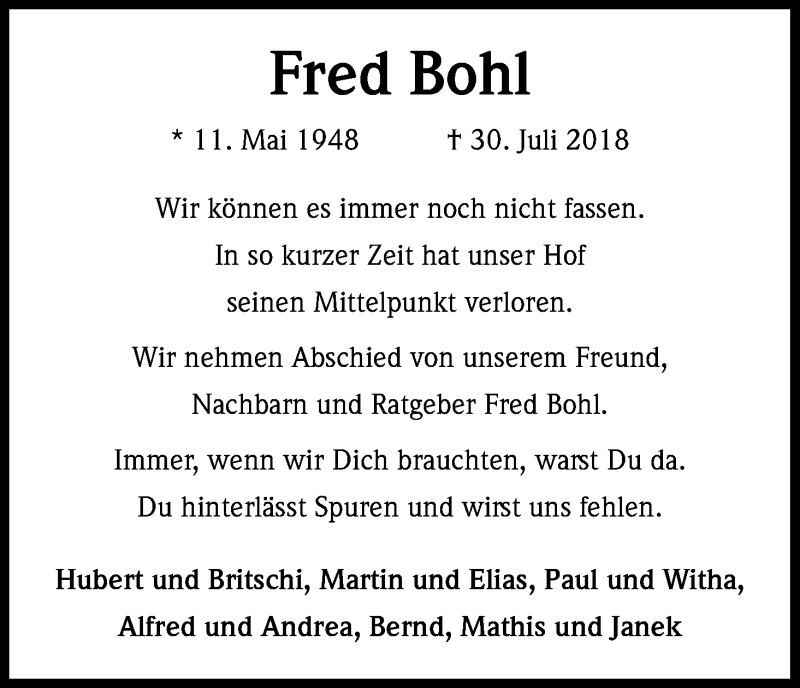  Traueranzeige für Fred Bohl vom 11.08.2018 aus Kölner Stadt-Anzeiger / Kölnische Rundschau / Express