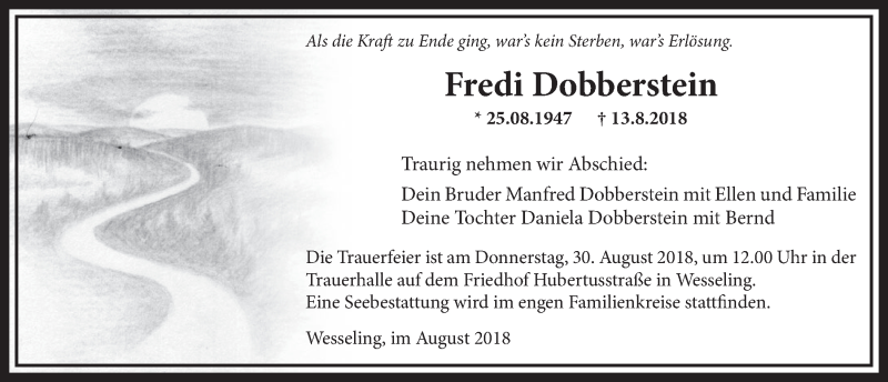  Traueranzeige für Fredi Dobberstein vom 29.08.2018 aus  Schlossbote/Werbekurier 