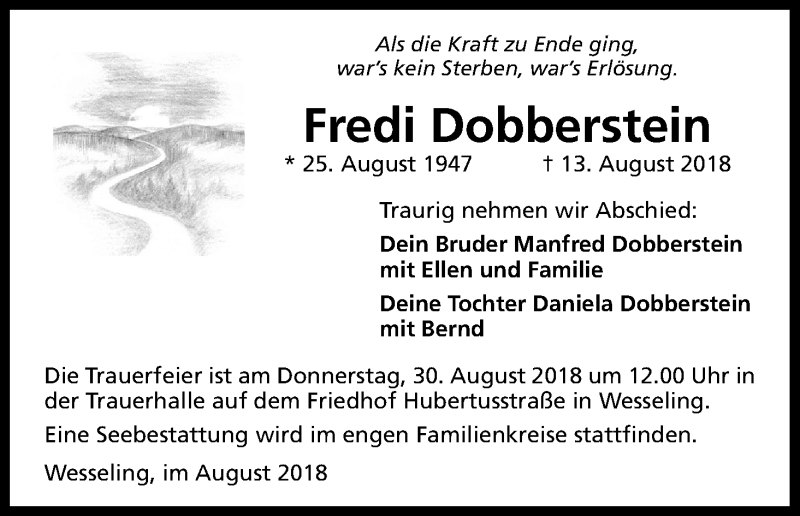  Traueranzeige für Fredi Dobberstein vom 28.08.2018 aus Kölner Stadt-Anzeiger / Kölnische Rundschau / Express