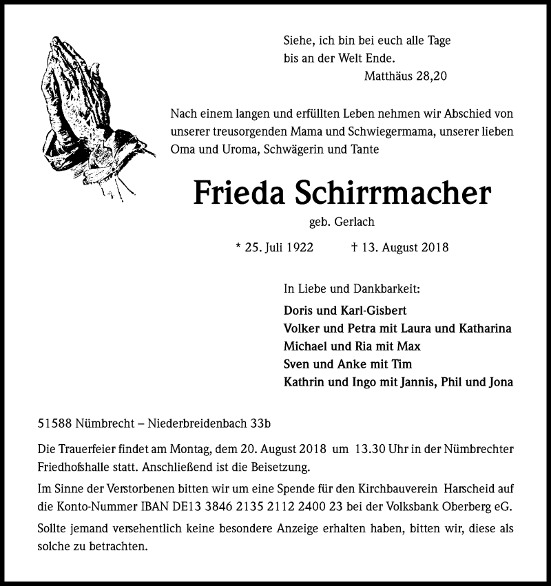  Traueranzeige für Frieda Schirrmacher vom 17.08.2018 aus Kölner Stadt-Anzeiger / Kölnische Rundschau / Express