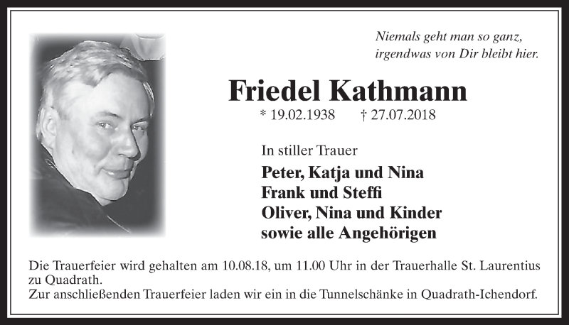  Traueranzeige für Friedel Kathmann vom 08.08.2018 aus  Werbepost 