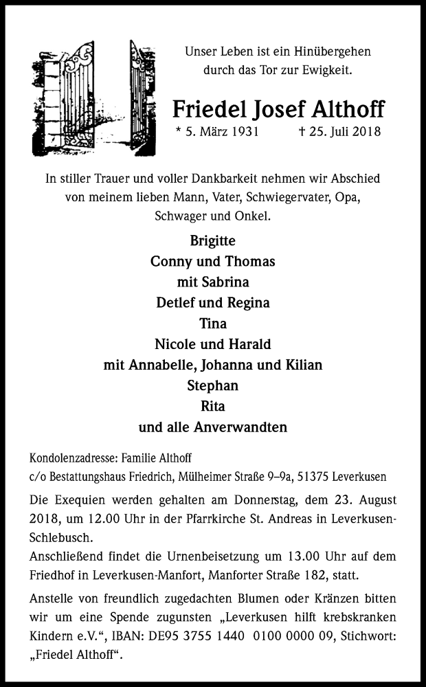  Traueranzeige für Friedel Josef Althoff vom 03.08.2018 aus Kölner Stadt-Anzeiger / Kölnische Rundschau / Express