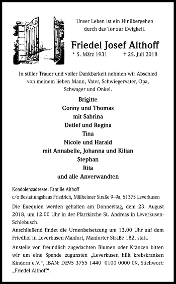 Anzeige von Friedel Josef Althoff von Kölner Stadt-Anzeiger / Kölnische Rundschau / Express
