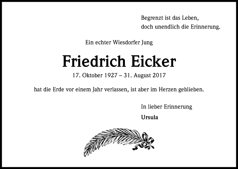  Traueranzeige für Friedrich Eicker vom 31.08.2018 aus Kölner Stadt-Anzeiger / Kölnische Rundschau / Express