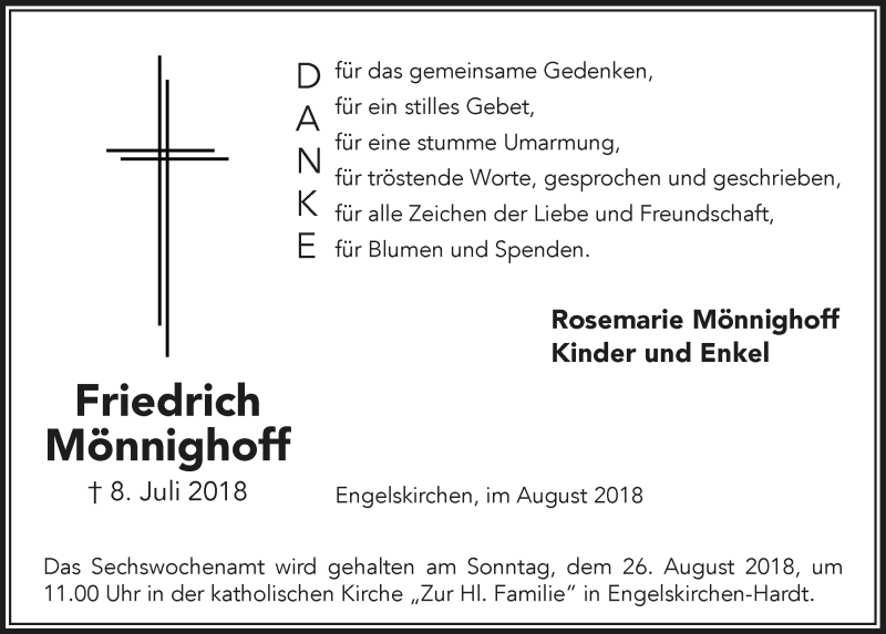  Traueranzeige für Friedrich Mönnighoff vom 08.08.2018 aus  Anzeigen Echo 