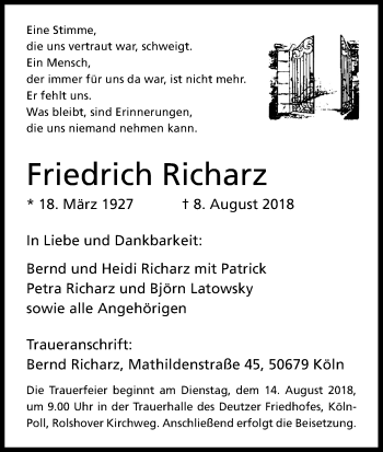 Anzeige von Friedrich Richarz von Kölner Stadt-Anzeiger / Kölnische Rundschau / Express