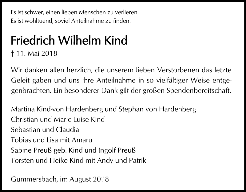  Traueranzeige für Friedrich Wilhelm Kind vom 18.08.2018 aus Kölner Stadt-Anzeiger / Kölnische Rundschau / Express