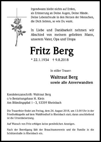Anzeige von Fritz Berg von Kölner Stadt-Anzeiger / Kölnische Rundschau / Express