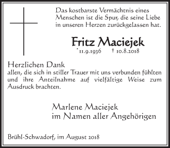 Anzeige von Fritz Maciejek von  Schlossbote/Werbekurier 