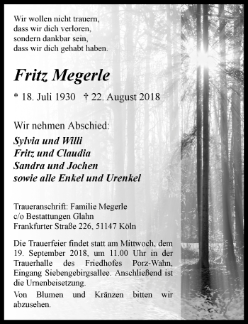 Anzeige von Fritz Megerle von  Kölner Wochenspiegel 
