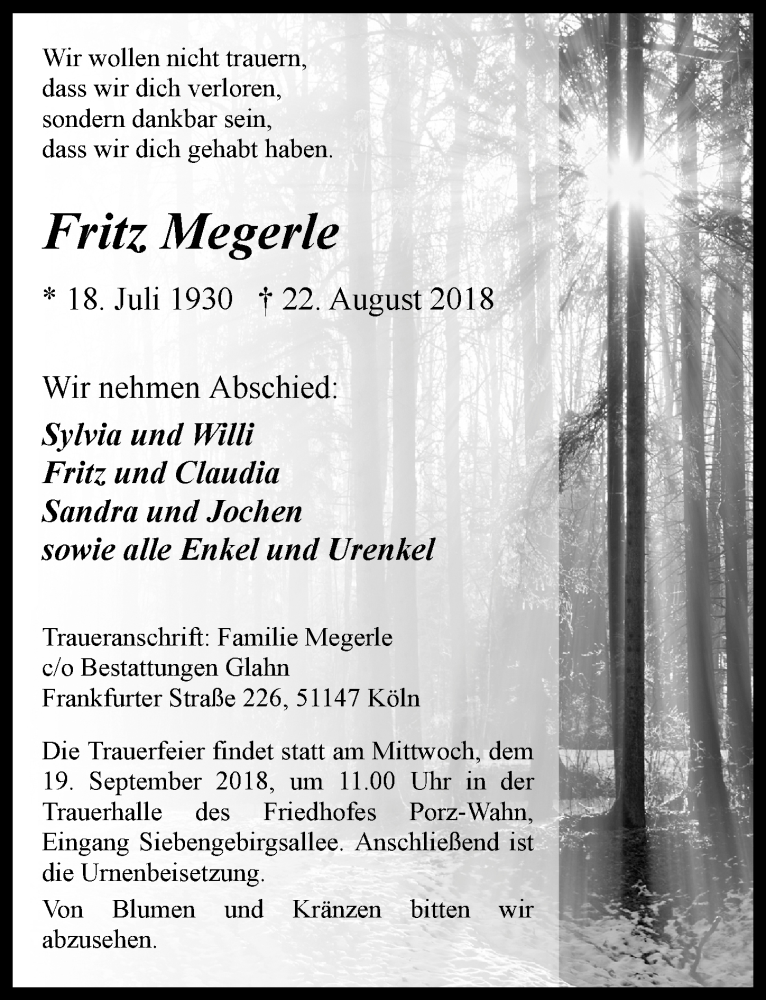  Traueranzeige für Fritz Megerle vom 29.08.2018 aus  Kölner Wochenspiegel 